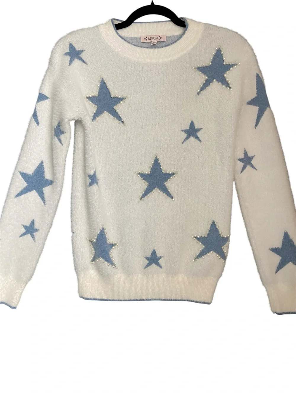 NANETTE Lepore Fuzzy Star Sweater White Blue Pearl Embellished Cozy Knit Size XS
